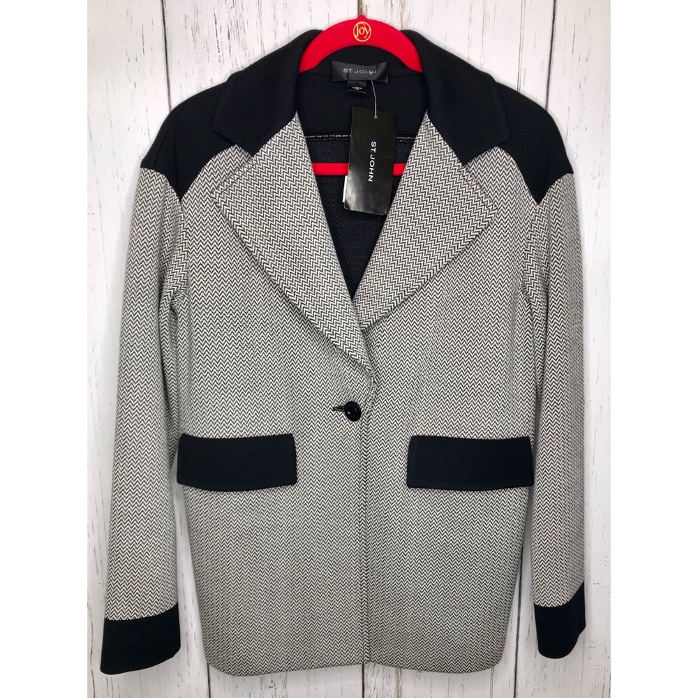 St. John Black and White Textured Knit Blazer